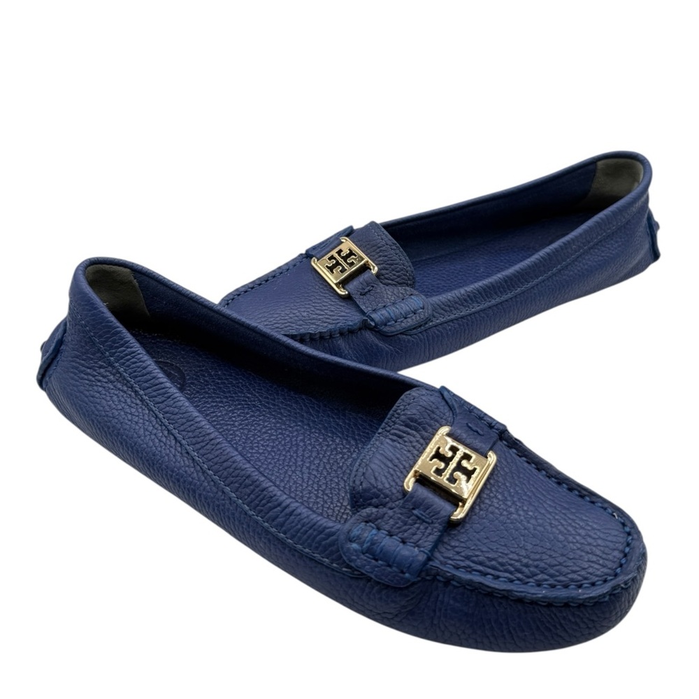 Tory Burch Blue Leather Loafers with Gold Detail